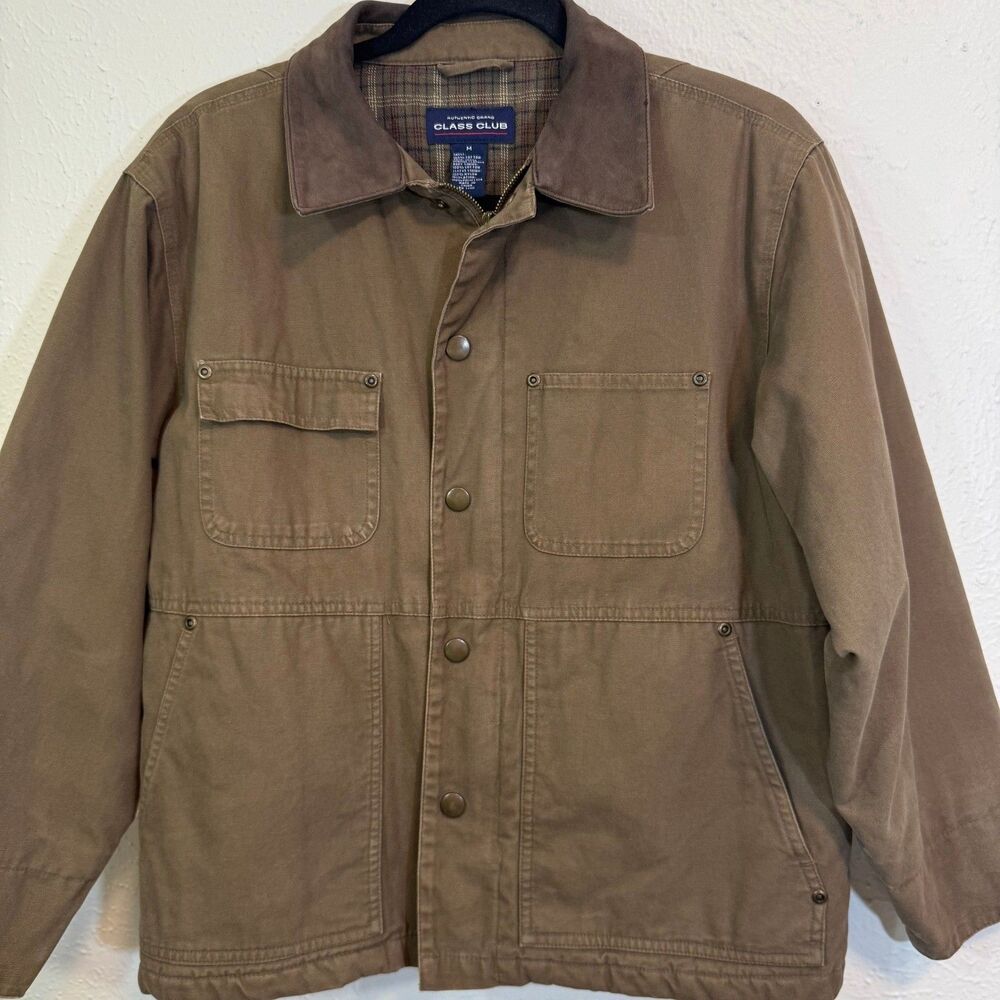 Class Club Boys Brown Canvas Barn Jacket Fall Plaid Lined Size M 10-12